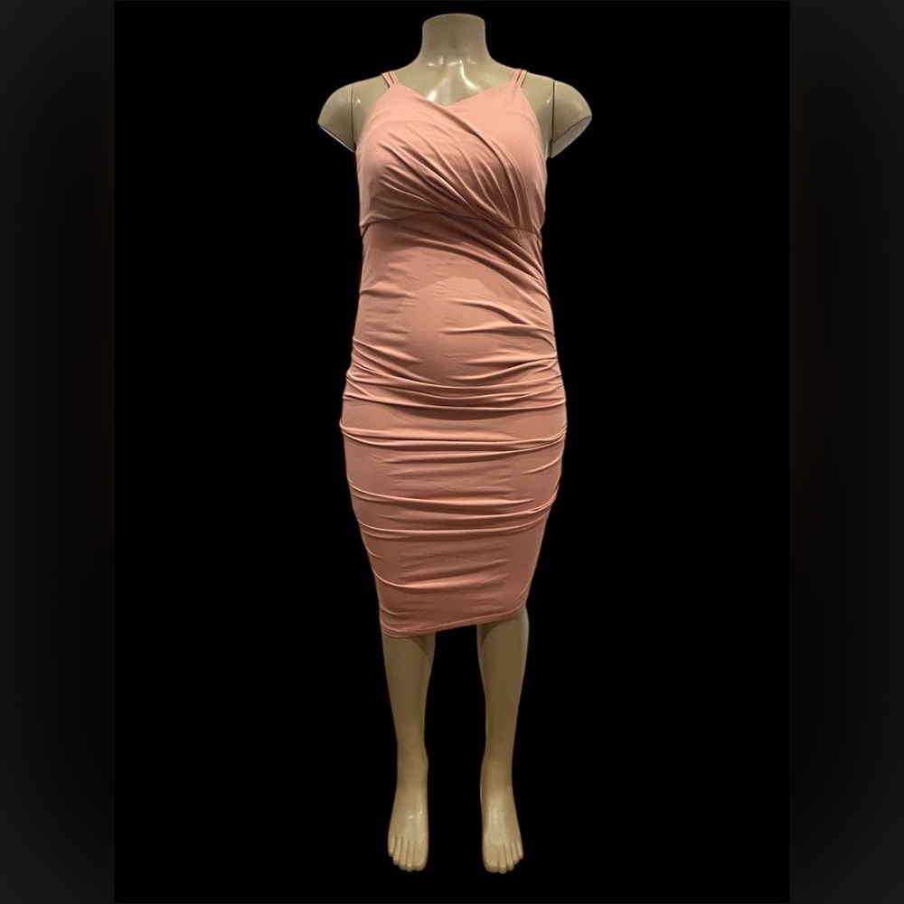 YESTTO‎ Size XL V-neck Ruched Asymmetrical Peach Coctail Dress.